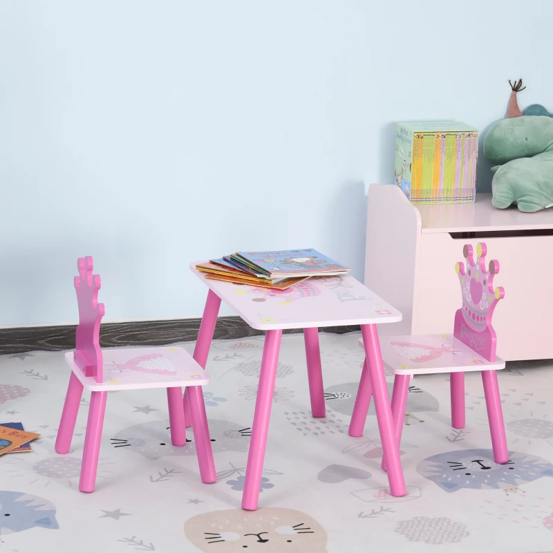 Qaba 3-Piece Kids Wooden Table and Chair Set with Crown Pattern Gift for Girls Toddlers Arts Reading Writing Age 2-4 Years Pink