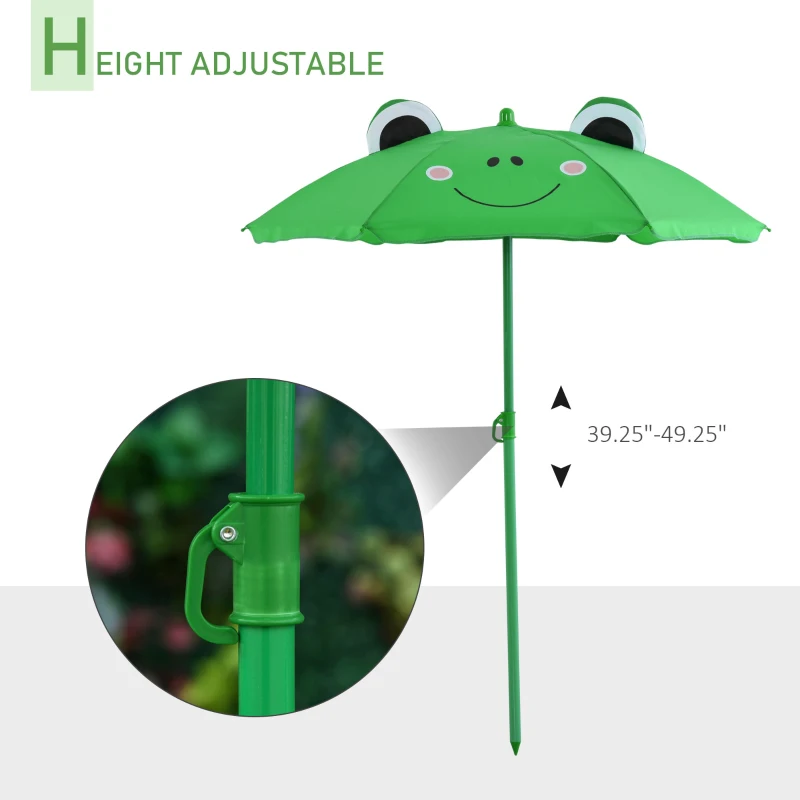 Outsunny Kids Table and Chair Set, Outdoor Folding Garden Furniture, Picnic Table for Patio Backyard, with Removable & Height Adjustable Sun Umbrella, Green Frog