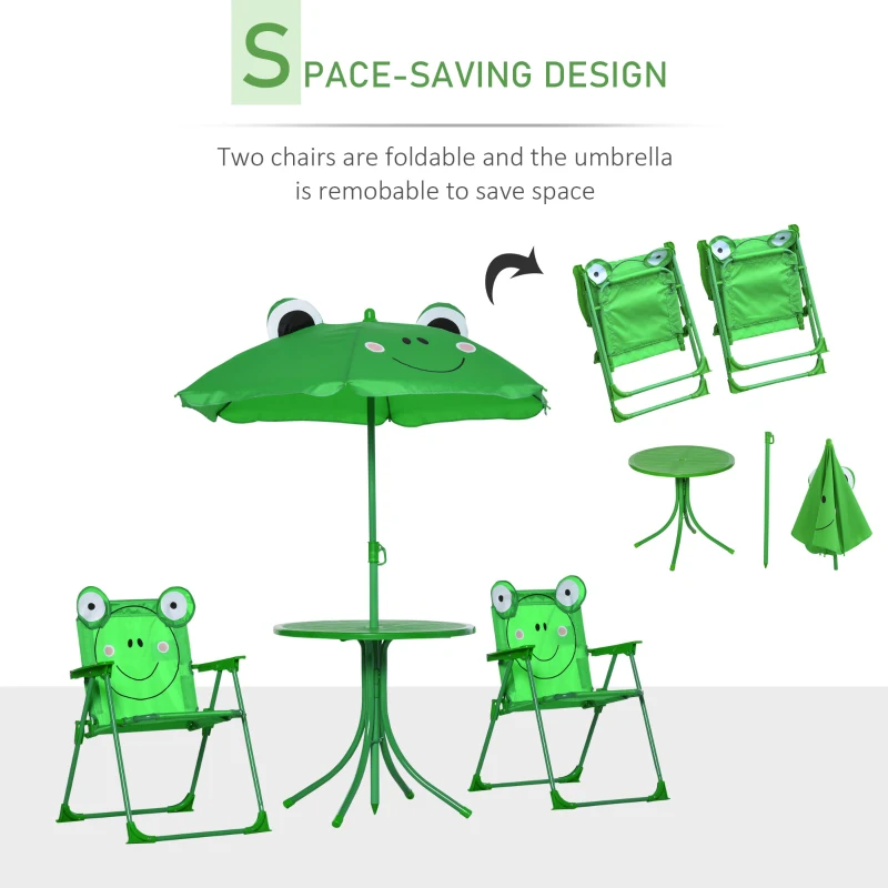 Outsunny Kids Table and Chair Set, Outdoor Folding Garden Furniture, Picnic Table for Patio Backyard, with Removable & Height Adjustable Sun Umbrella, Green Frog