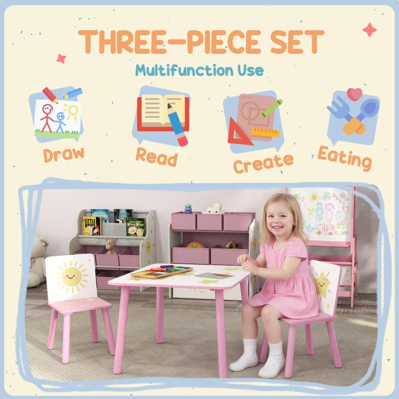 Qaba 3-Piece Kids Toddler Table and Chair Set Furniture for Boys and Girls Aged 3-8, Bedroom, Nursery, Playroom, Pink