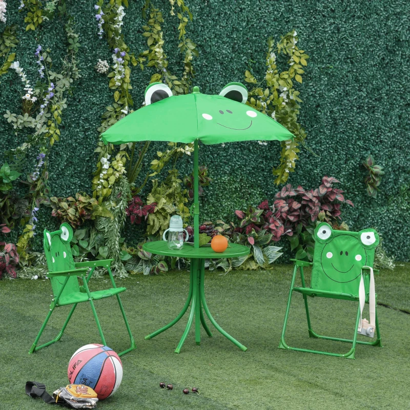 Outsunny Kids Table and Chair Set, Outdoor Folding Garden Furniture, Picnic Table for Patio Backyard, with Removable & Height Adjustable Sun Umbrella, Green Frog