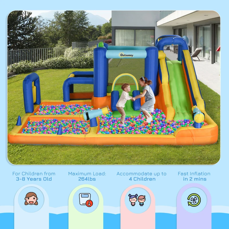 Outsunny 7 in 1 Water Slide w/ Slide Pool Climbing Wall Water Cannon Basketball Hoop Boxing Post Football Stand for 3-8 Years