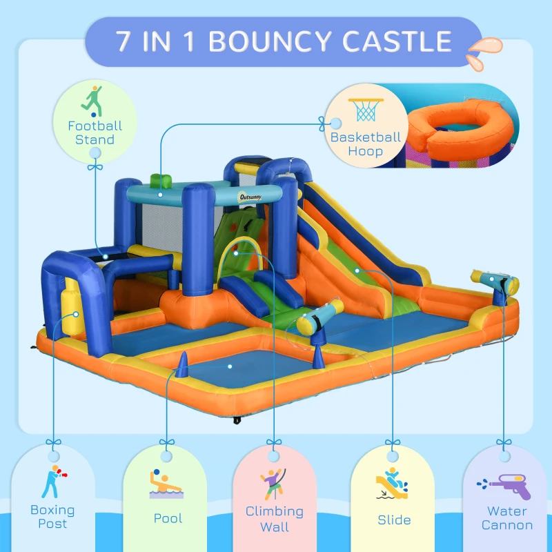 Outsunny 7 in 1 Water Slide w/ Slide Pool Climbing Wall Water Cannon Basketball Hoop Boxing Post Football Stand for 3-8 Years