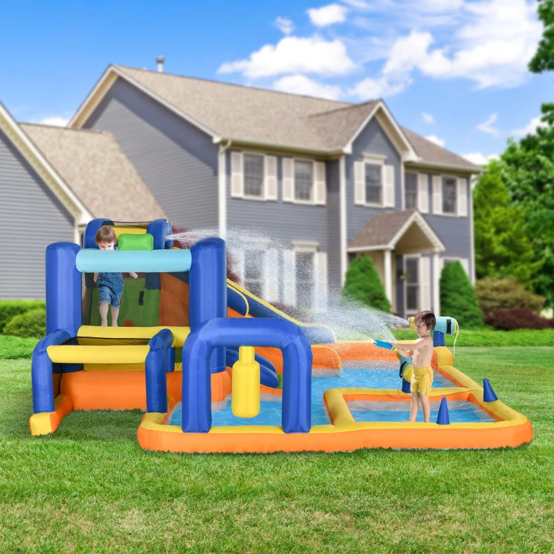 Outsunny 7 in 1 Water Slide w/ Slide Pool Climbing Wall Water Cannon Basketball Hoop Boxing Post Football Stand for 3-8 Years