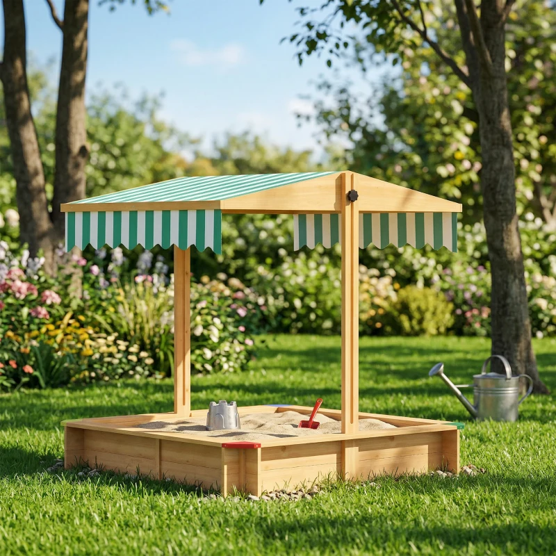 Outsunny Wooden Sandbox with Cover, Kids Sandbox Outdoor with Adjustable Canopy and Seats for Backyard, Beach, Light Brown