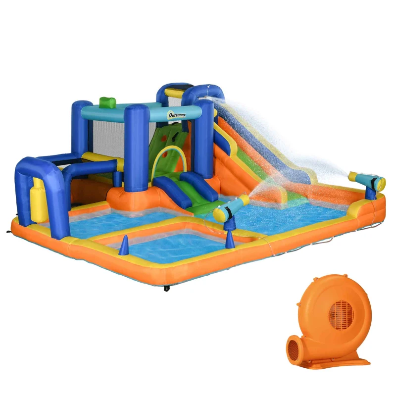 Outsunny 7 in 1 Water Slide w/ Slide Pool Climbing Wall Water Cannon Basketball Hoop Boxing Post Football Stand for 3-8 Years