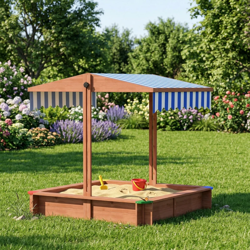 Outsunny Wooden Sandbox with Cover, Kids Sandbox Outdoor with Adjustable Canopy and Seats for Backyard, Beach, Dark Brown