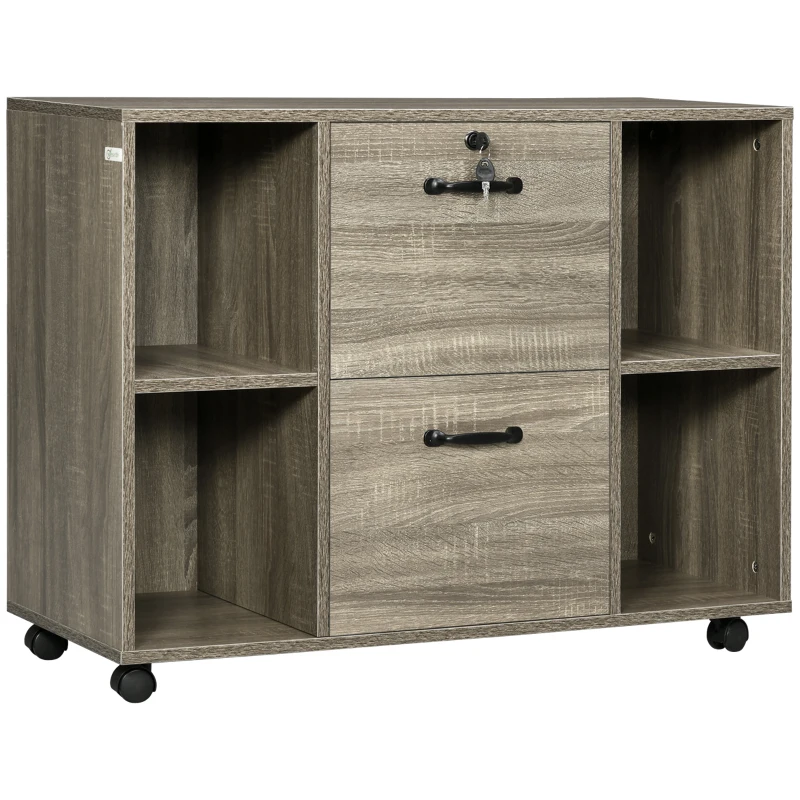 Vinsetto Lateral Filing Cabinet with Wheels and Lockable Drawer, File Cabinet, Mobile Printer Stand with Open Shelves for Letter and A4 Size Documents for Home Office, Grey