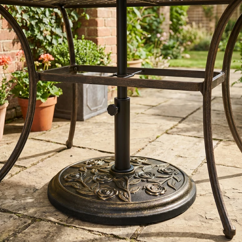 Outsunny 18" 20 lbs Round Resin Umbrella Base Stand Market Parasol Holder with Decorative Rose Floral Pattern & Easy Setup, for Φ1.5", Φ1.89" Pole, for Lawn, Deck, Backyard, Garden, Bronze