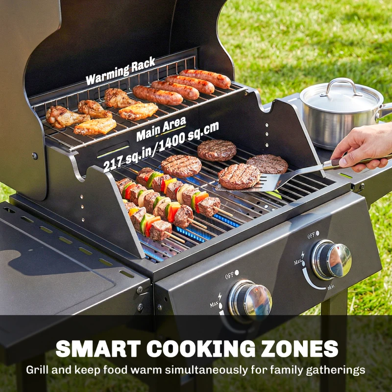 Outsunny 2 Burner Propane Gas Grill with Wheels, 18,400 BTU Portable BBQ Grill with Foldable Side Shelves, Warming Rack, Black
