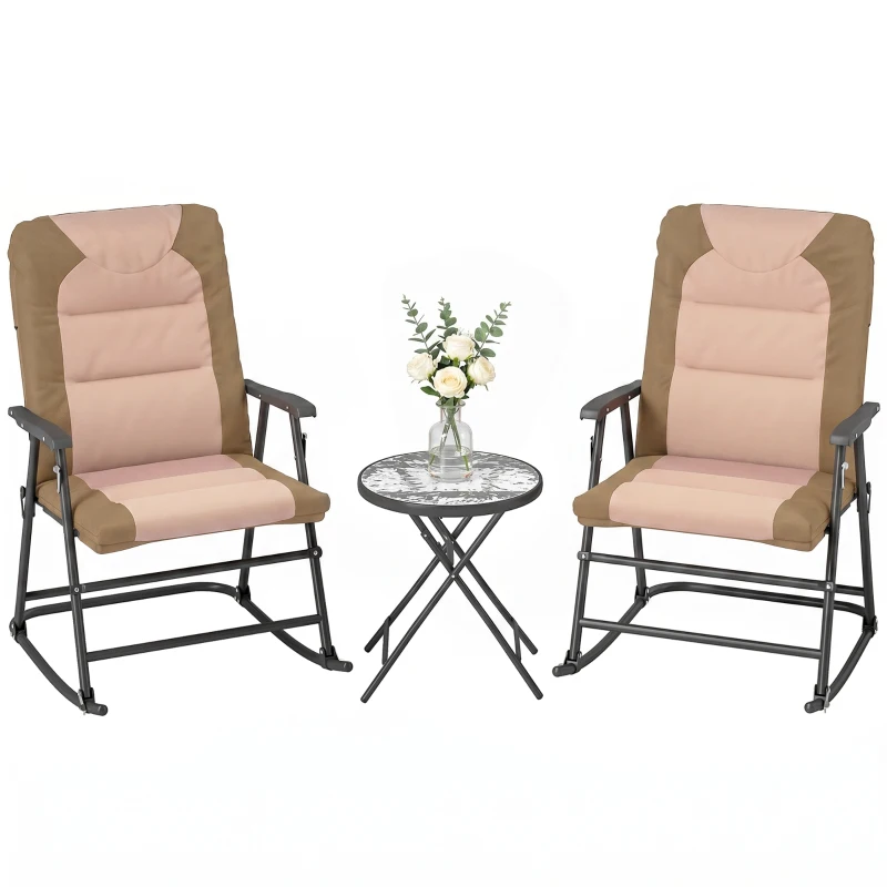 Outsunny 3-Piece Outdoor Foldable Rocking Chair Set, Light Brown