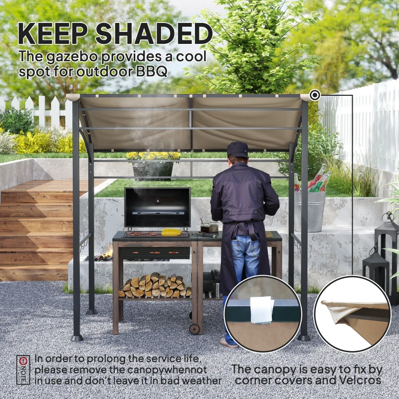 Outsunny 7' x 5' BBQ Grill Gazebo Tent, Garden Grill Canopy with Steel Frame and Hooks, Outdoor Sun Shade, Khaki