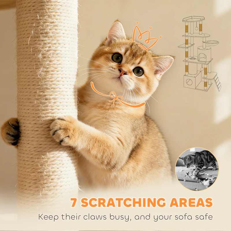 PawHut 67" Large Cat Tree with 7 Scratching Posts, Tunnel, 2 Condos, Hammock, Perch, Ramp, Pompoms, Dark Grey