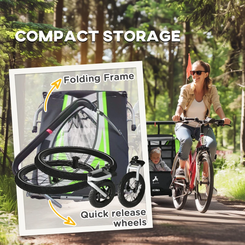 Aosom 3-in-1 Bike Trailer for Kids, Running Stroller with 2 Seats, Jogging Cart with 5-Point Harness, Storage Units, Green