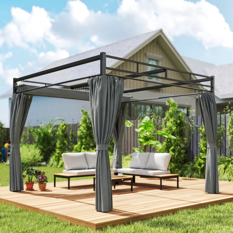 Outsunny 10' x 10' Outdoor Gazebo, Retractable Pergola Canopy with Curtains, UPF30+ Free Standing Metal Pergola Kit, Dark Grey
