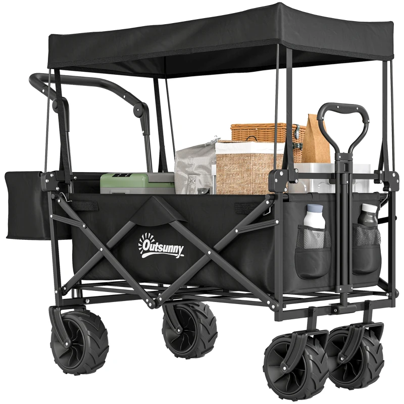 Outsunny 80L Folding Wagon Cart with Wheels, Heavy-Duty Collapsible Wagon with Removable Canopy, Adjustable Handle, Black