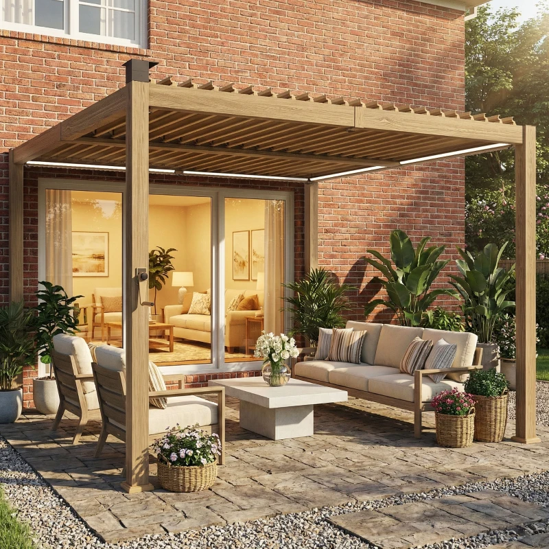 Outsunny 10' x 10' Louvered Pergola with Solar LED lights, Metal Roof, Outdoor Pergola Patio Gazebo with Drainage Gutters, Brown