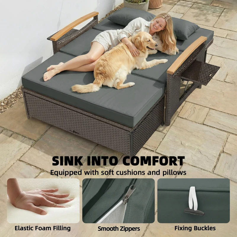 Outsunny Rattan Outdoor Daybed w/4-Level Adjustable Backrest, Patio Sofa Bed w/Storage Ottoman, Acacia Wood Armrest, Mixed Gray