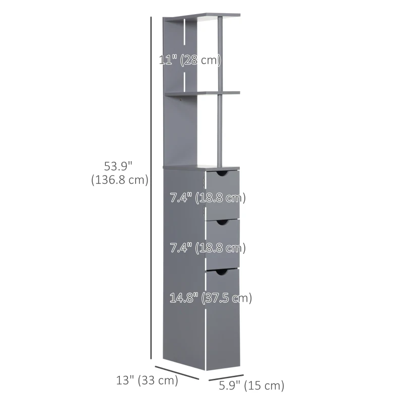 HOMCOM Tall Bathroom Storage Cabinet, Narrow Bathroom Cabinet with Drawers and Open Shelves for Small Spaces, Grey