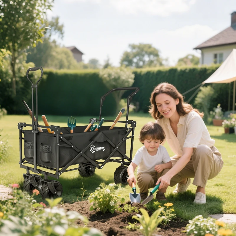 Outsunny 80L Folding Wagon Cart with Wheels, Heavy-Duty Collapsible Wagon with Removable Canopy, Adjustable Handle, Black