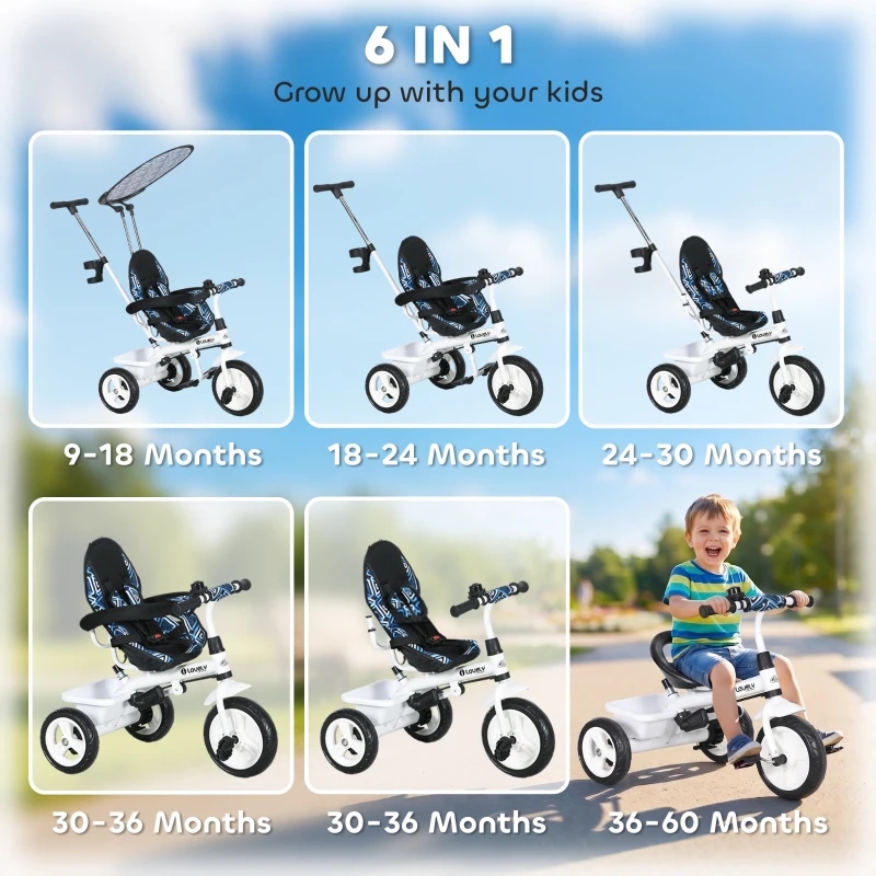 Qaba 6 in 1 Kids Tricycle with Removable Handlebar and Canopy, Blue