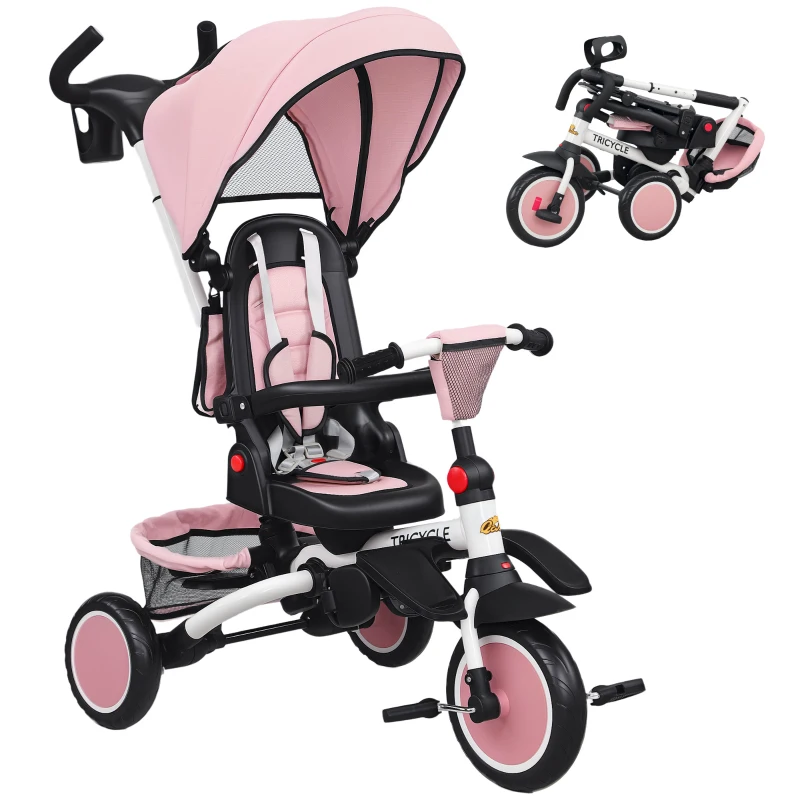 Qaba 6 in 1 Toddler Tricycle for 1-5 Years Old with Push Handle, Removable Canopy, Rotatable Seat, Pink
