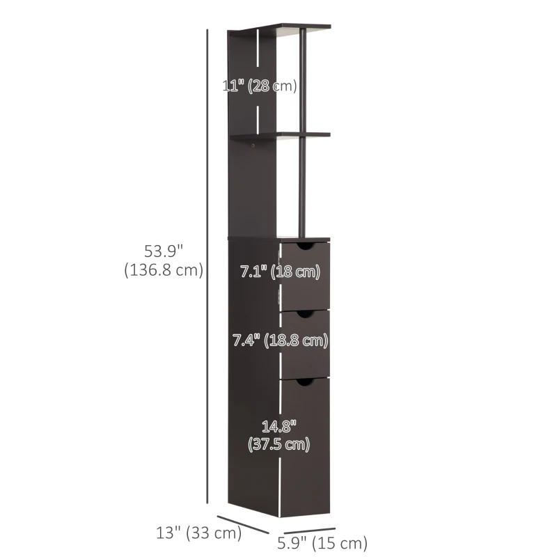 HOMCOM Tall Bathroom Storage Cabinet, Narrow Bathroom Cabinet with Drawers and Open Shelves for Small Spaces, Brown