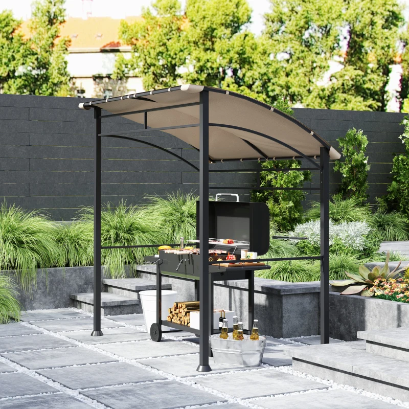 Outsunny 7' x 5' BBQ Grill Gazebo Tent, Garden Grill Canopy with Steel Frame and Hooks, Outdoor Sun Shade, Khaki