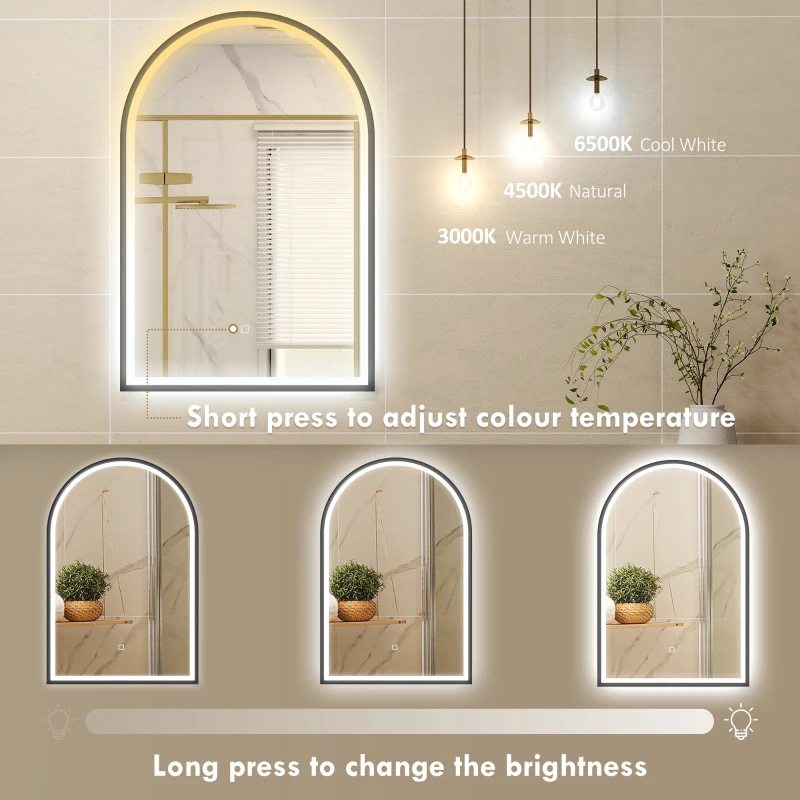 HOMCOM 24" x 36" LED Bathroom Mirror, Arched Tempered Glass Wall Mirror, Anti-Fog, Dimmable, Memory Function, Black
