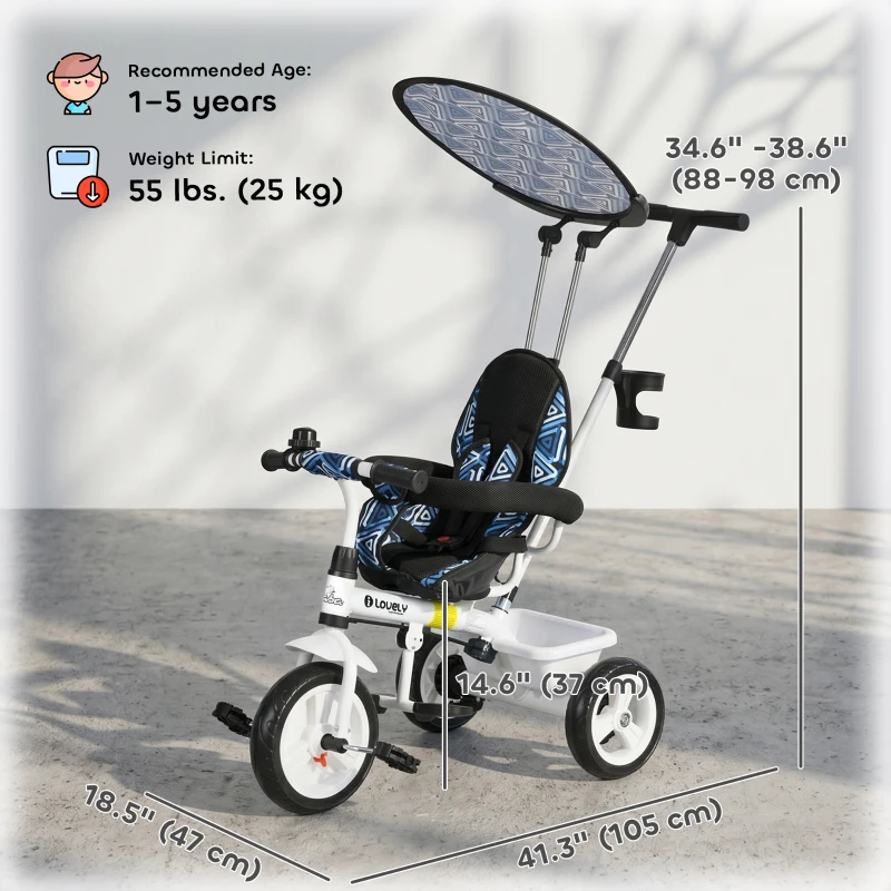 Qaba 6 in 1 Kids Tricycle with Removable Handlebar and Canopy, Blue
