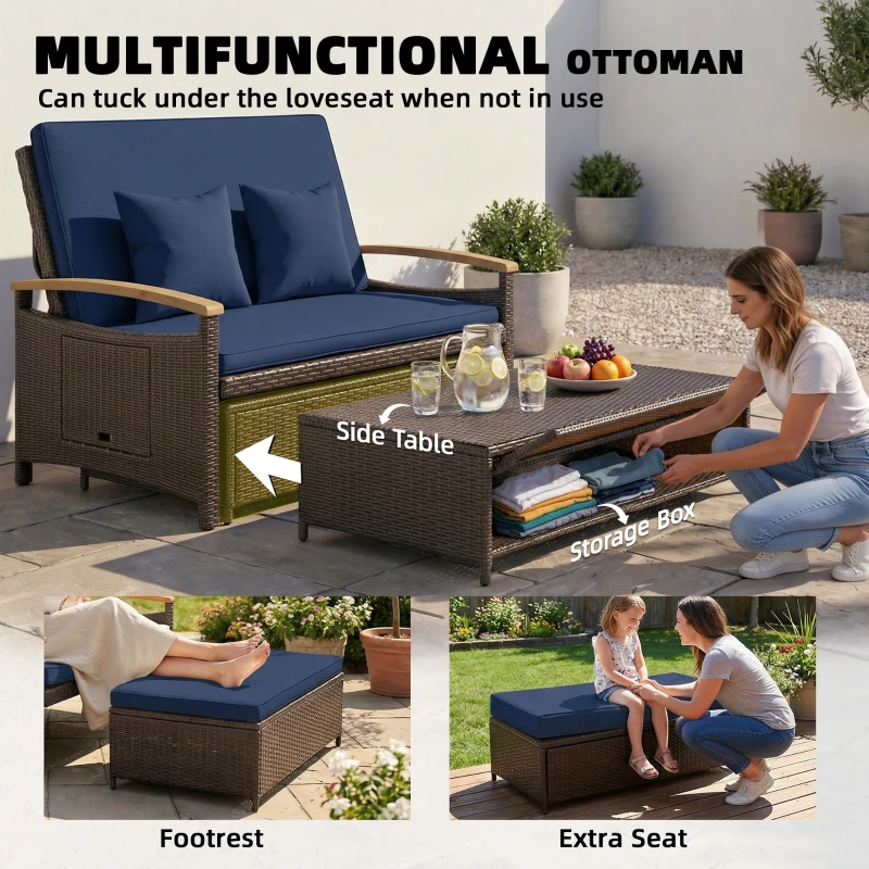 Outsunny Rattan Outdoor Daybed w/4-Level Adjustable Backrest, Patio Sofa Bed w/Storage Ottoman, Acacia Wood Armrest, Navy Blue