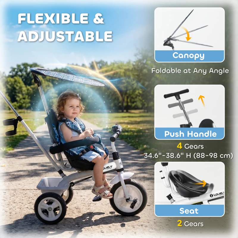 Qaba 6 in 1 Kids Tricycle with Removable Handlebar and Canopy, Blue