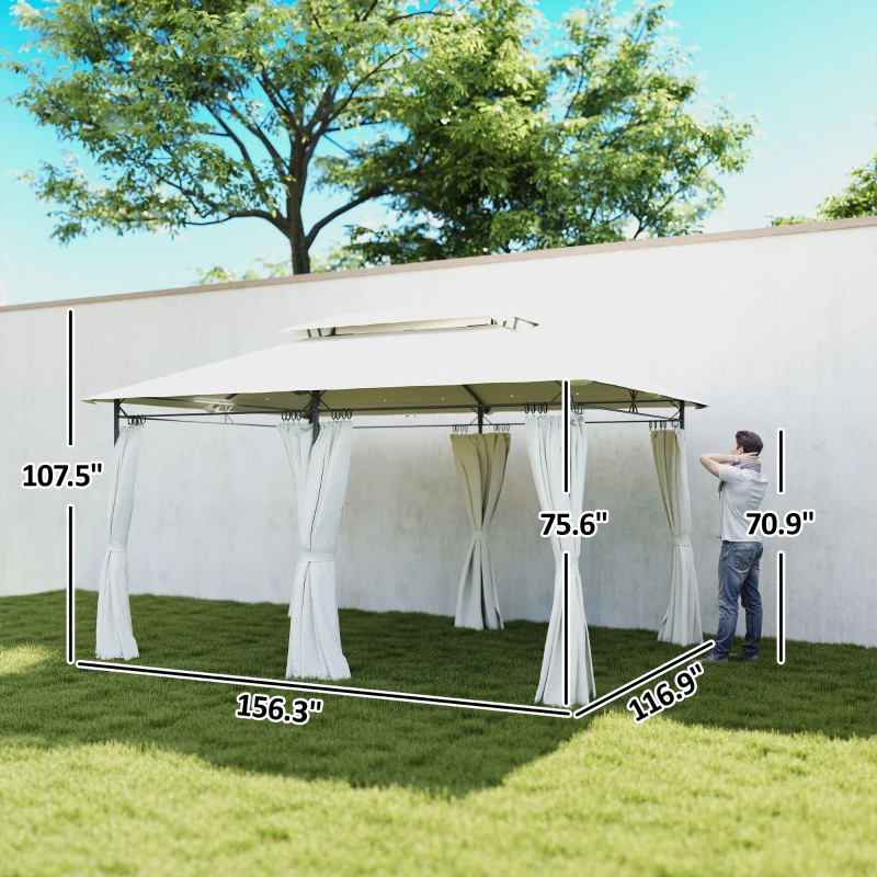 Outsunny 10' x 13' Double Roof Patio Gazebo, Outdoor Gazebo with Curtains, for Garden, Lawn, Backyard and Deck, Cream White