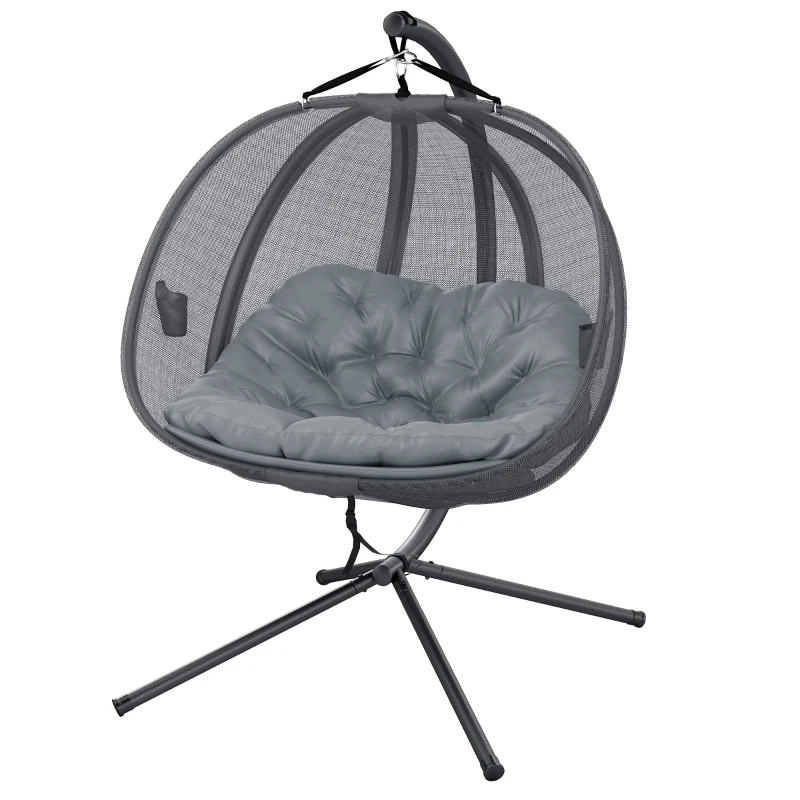 Outsunny Double Egg Chair with Stand, 2 Person Hanging Swing Egg Chair with Cushion, Pockets, Grey