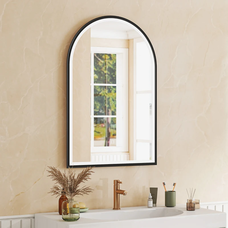 HOMCOM 24" x 36" LED Bathroom Mirror, Arched Tempered Glass Wall Mirror, Anti-Fog, Dimmable, Memory Function, Black
