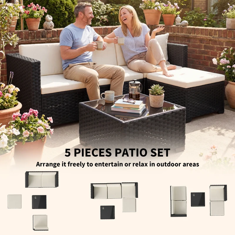 Outsunny 5 Piece Patio Furniture Set, L-Shape Wicker Outdoor Sectional with 3 Chairs, Ottoman, Glass Table, Cushions, Cream