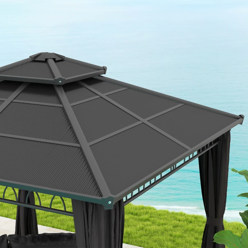 Outsunny 10' x 10' Outdoor Hardtop Gazebo Canopy with Double PC Roof, Steel Frame, Nettings, Curtains for Garden Lawn Deck, Black