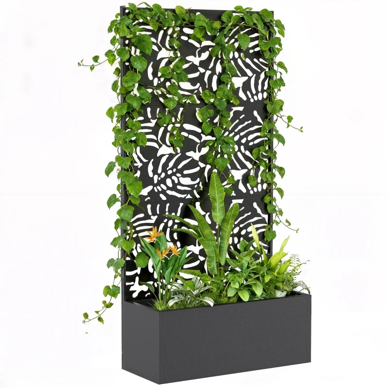 Outsunny Metal Planter Box with Trellis, 71" Tall Raised Garden Bed with Privacy Screen and Drainage Holes, Banana-Leaf Cut-Outs
