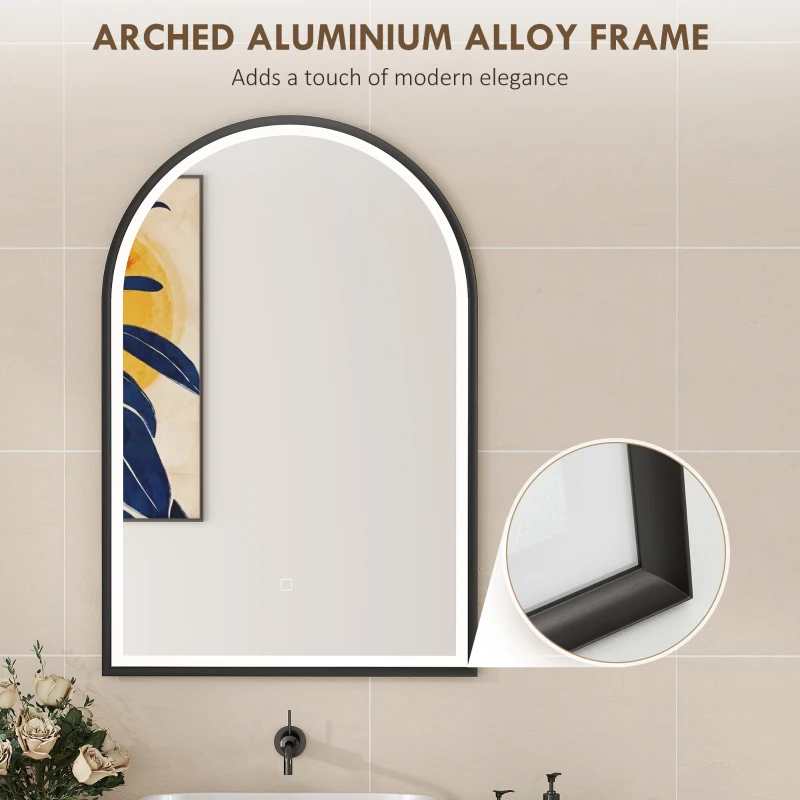 HOMCOM 24" x 36" LED Bathroom Mirror, Arched Tempered Glass Wall Mirror, Anti-Fog, Dimmable, Memory Function, Black