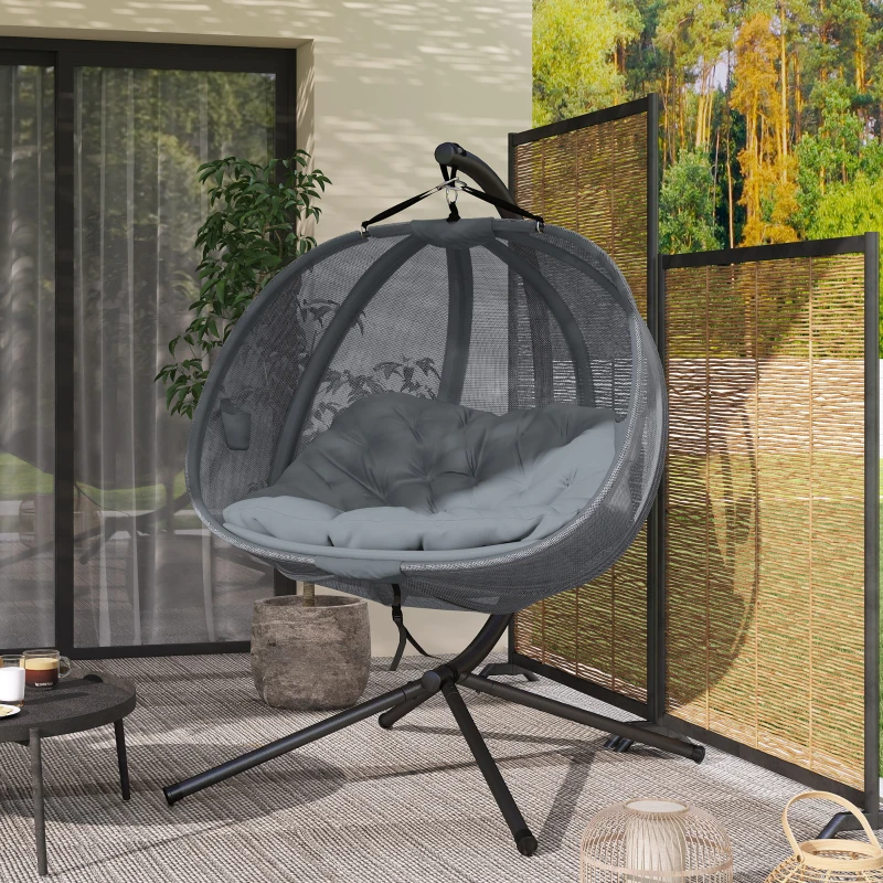 Outsunny Double Egg Chair with Stand, 2 Person Hanging Swing Egg Chair with Cushion, Pockets, Grey