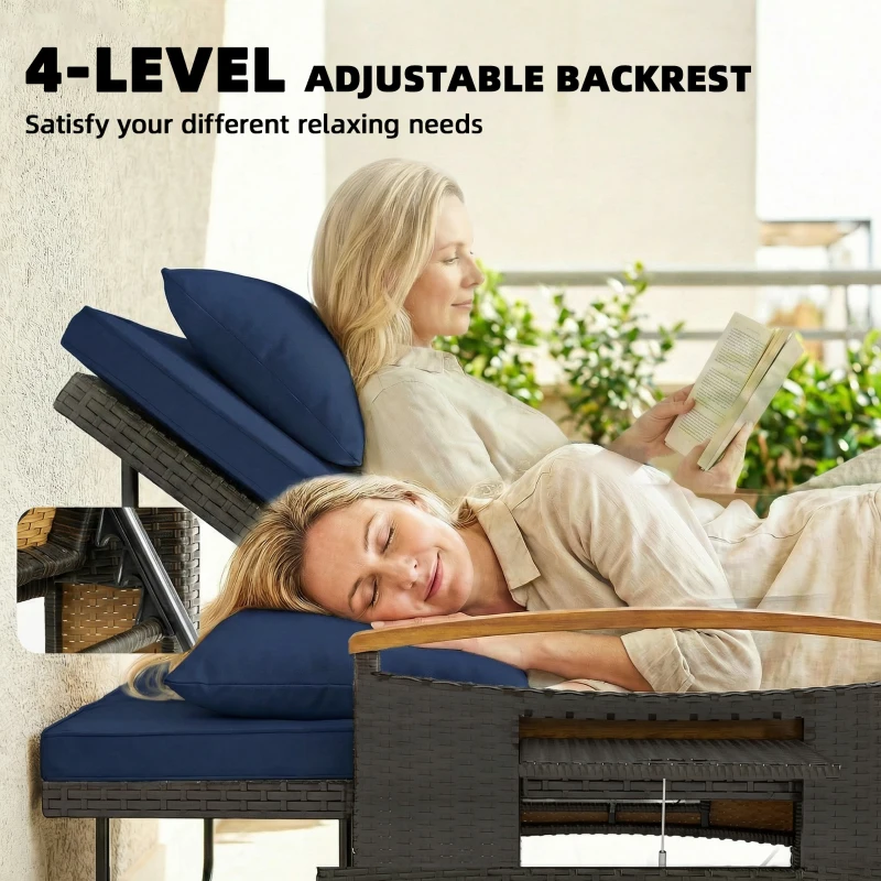 Outsunny Rattan Outdoor Daybed w/4-Level Adjustable Backrest, Patio Sofa Bed w/Storage Ottoman, Acacia Wood Armrest, Navy Blue