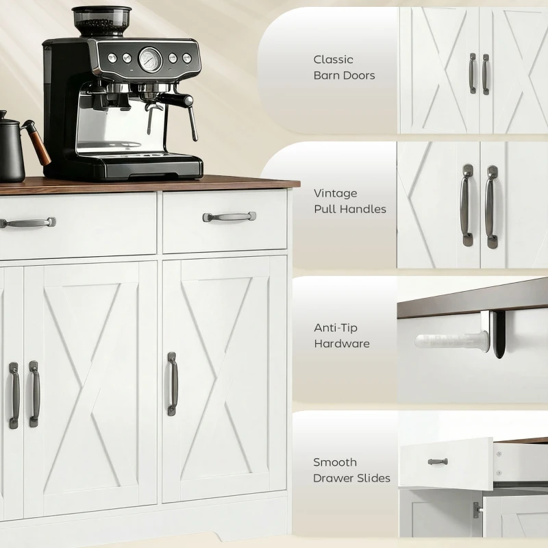 HOMCOM Sideboard Buffet Cabinet, 55" Farmhouse Kitchen Cabinet with 4 Barn Doors, 3 Drawers, 3 Adjustable Shelves, White
