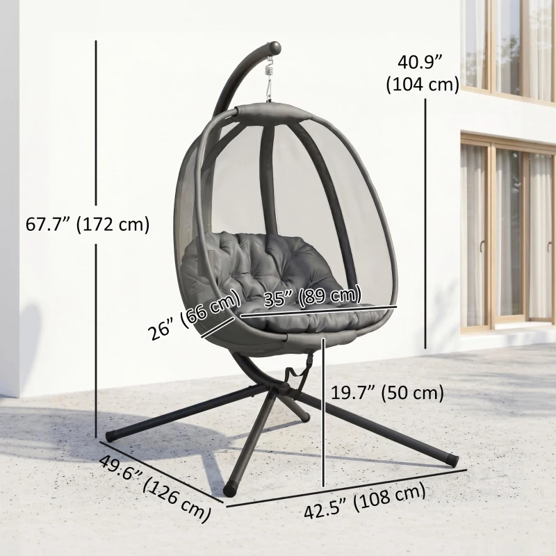 Outsunny Hanging Egg Chair, Outdoor Indoor Swing Chair with Stand, Folding Basket and Thickened Cushion, Grey