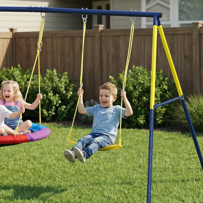 Qaba Kids Swing Set with Double Swings, Outdoor Playset with Adjustable Ropes, Metal Frame for Ages 3-8, 150kg Capacity