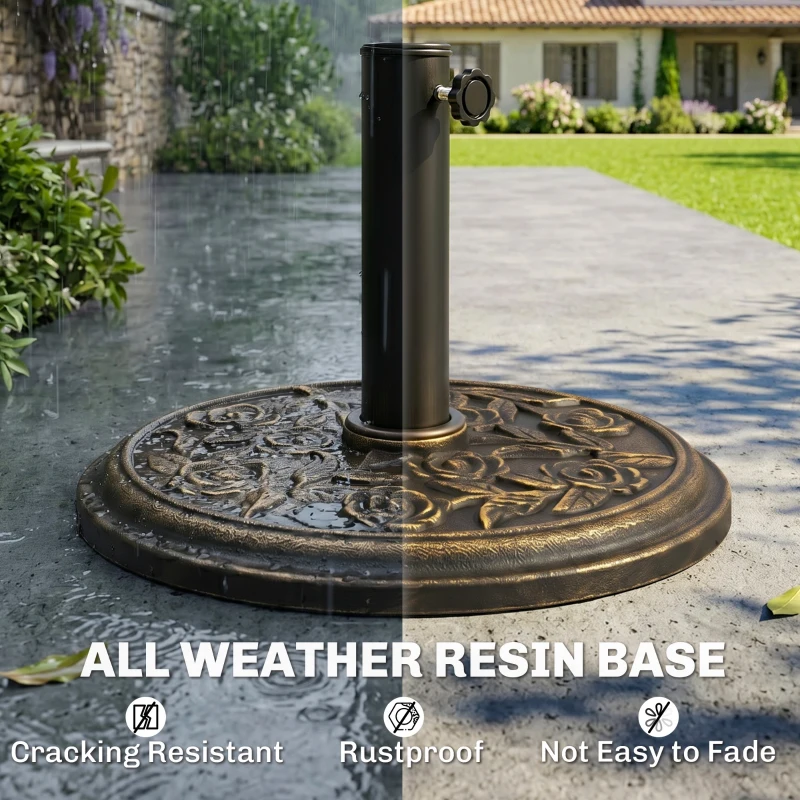 Outsunny 18" 20 lbs Round Resin Umbrella Base Stand Market Parasol Holder with Decorative Rose Floral Pattern & Easy Setup, for Φ1.5", Φ1.89" Pole, for Lawn, Deck, Backyard, Garden, Bronze