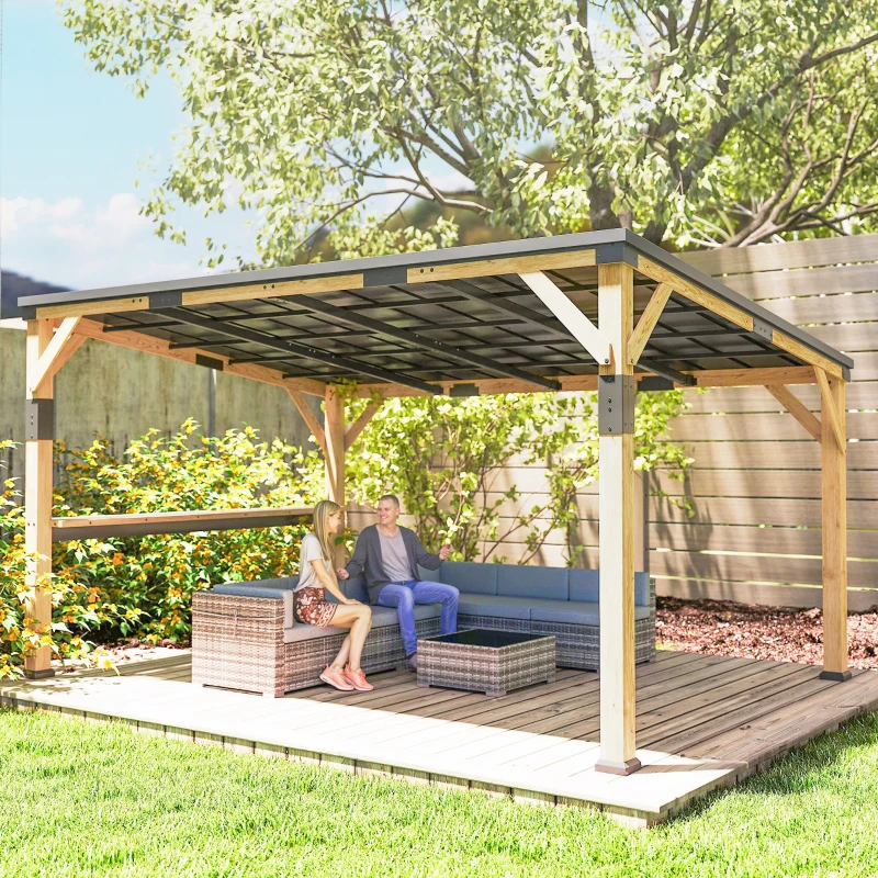 Outsunny 10' x 14' Wooden Gazebo, Hardtop Lean-to Gazebo Pergola with Galvanized Steel Sloped Roof, Bar Shelf, Natural Wood
