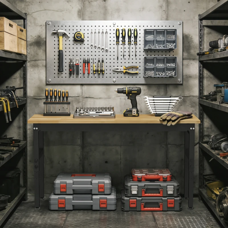 HOMCOM 60" Adjustable Workbench, Heavy Duty Work Table with Rubber Wood Top, Power Outlets, Pegboard, 2000 LBS Capacity