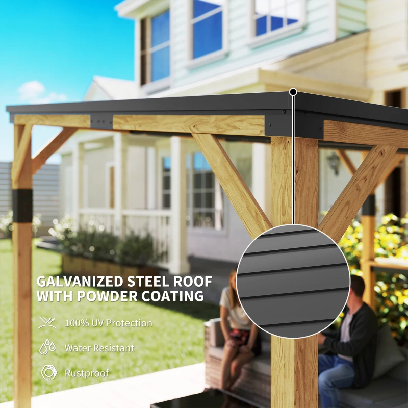 Outsunny 10' x 14' Wooden Gazebo, Hardtop Lean-to Gazebo Pergola with Galvanized Steel Sloped Roof, Bar Shelf, Natural Wood