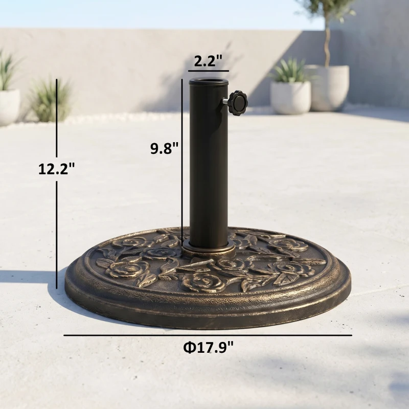 Outsunny 18" 20 lbs Round Resin Umbrella Base Stand Market Parasol Holder with Decorative Rose Floral Pattern & Easy Setup, for Φ1.5", Φ1.89" Pole, for Lawn, Deck, Backyard, Garden, Bronze