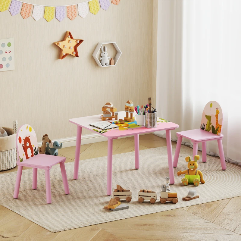 Qaba Kids Table and Chair Set, Toddler Table and 2 Chairs Set for Art, Craft, Reading, Learning, Pink